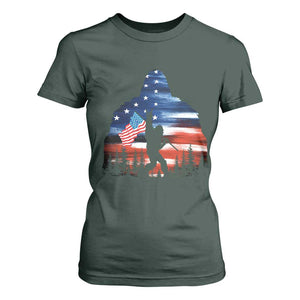 Funny Bigfoot Night Stroll American Flag T Shirt For Women Patriotic 4th July TS11 Dark Forest Green Print Your Wear