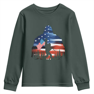 Funny Bigfoot Night Stroll American Flag Youth Sweatshirt Patriotic 4th July TS11 Dark Forest Green Print Your Wear