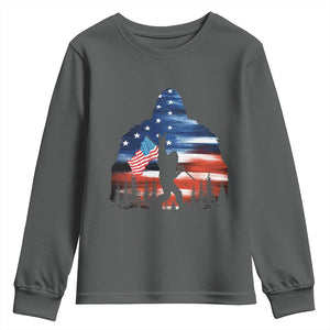 Funny Bigfoot Night Stroll American Flag Youth Sweatshirt Patriotic 4th July TS11 Dark Heather Print Your Wear