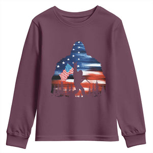 Funny Bigfoot Night Stroll American Flag Youth Sweatshirt Patriotic 4th July TS11 Maroon Print Your Wear