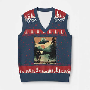 Funny Bigfoot Sasquatch Alien Spaceship UFO Introvert Bruh V-Neck Knit Sweater Vest TS11 Navy Red Print Your Wear