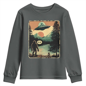 Funny Bigfoot Sasquatch Alien Spaceship UFO Introvert Bruh Youth Sweatshirt TS11 Dark Heather Print Your Wear
