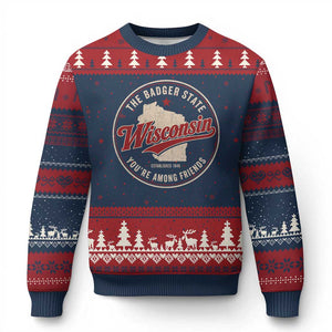 Wisconsin The Badger State Ugly Christmas Sweater You're Among Friends Retro WI State