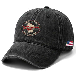 Wisconsin The Badger State Washed Cotton Baseball Cap You're Among Friends Retro WI State