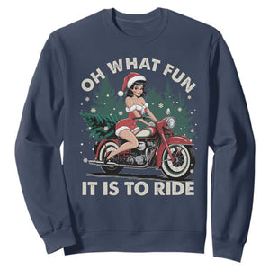 Funny Christmas Motorbike Sweatshirt Oh What Fun It Is To Ride Female Santa Biker TS11 Navy Print Your Wear