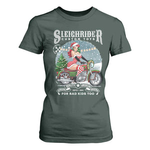 Christmas Female Santa Motorcycle T Shirt For Women Sleighrider Custom Toys For Bad Kids Too TS11 Dark Forest Green Print Your Wear