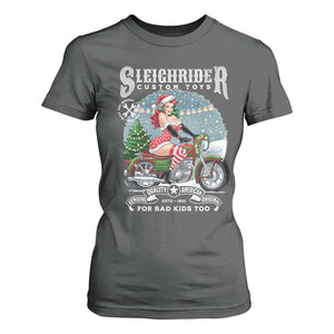 Christmas Female Santa Motorcycle T Shirt For Women Sleighrider Custom Toys For Bad Kids Too TS11 Dark Heather Print Your Wear