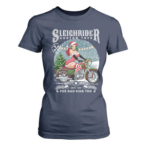 Christmas Female Santa Motorcycle T Shirt For Women Sleighrider Custom Toys For Bad Kids Too TS11 Navy Print Your Wear