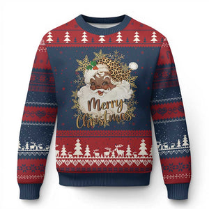Funny Retro Black Santa Merry Xmas Leopard Ugly Christmas Sweater TS11 Navy Red Print Your Wear