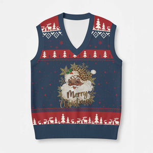 Funny Retro Black Santa Merry Xmas Leopard V-Neck Knit Sweater Vest TS11 Navy Red Print Your Wear