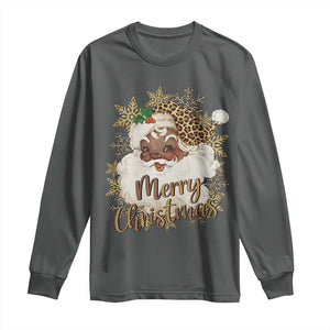 Funny Retro Black Santa Merry Christmas Leopard Long Sleeve Shirt TS11 Dark Heather Print Your Wear