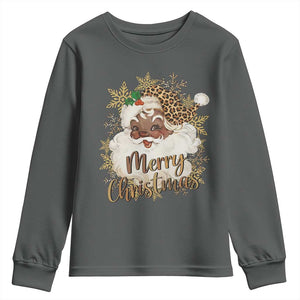 Funny Retro Black Santa Merry Christmas Leopard Youth Sweatshirt TS11 Dark Heather Print Your Wear