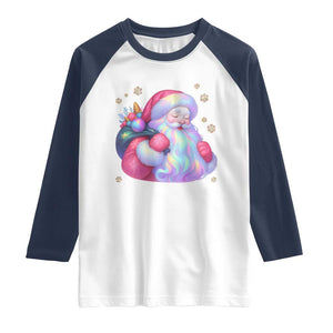 Iridescent Christmas Santa Printed Coquette Xmas Raglan Shirt TS11 White Navy Print Your Wear