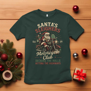Funny Christmas Motorcycle Biker T Shirt Santas Sleighers Motorcycle Club Decking The Halls TS11 Dark Forest Green Print Your Wear