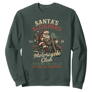 Funny Christmas Motorcycle Biker Sweatshirt Santas Sleighers Motorcycle Club Decking The Halls TS11 Dark Forest Green Print Your Wear