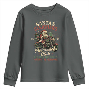 Funny Christmas Motorcycle Biker Youth Sweatshirt Santas Sleighers Motorcycle Club Decking The Halls TS11 Dark Heather Print Your Wear
