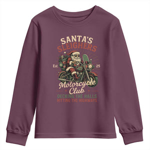 Funny Christmas Motorcycle Biker Youth Sweatshirt Santas Sleighers Motorcycle Club Decking The Halls TS11 Maroon Print Your Wear