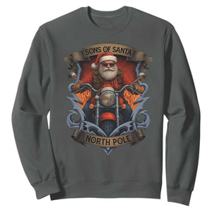 Funny Christmas Motorcycle Santa Sweatshirt Sons Of Santa North Pole Xmas Biker TS11 Dark Heather Print Your Wear