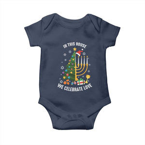 Funny Chrismukkah Hanukkah Christmas Baby Onesie In This House We Celebrate Love Xmas Tree Menorah TS11 Navy Print Your Wear