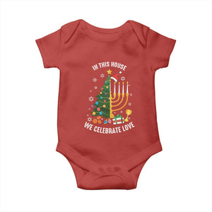 Funny Chrismukkah Hanukkah Christmas Baby Onesie In This House We Celebrate Love Xmas Tree Menorah TS11 Red Print Your Wear