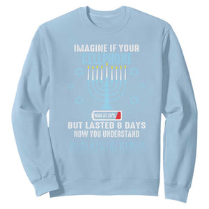 Funny Hanukkah Sweatshirt Imagine If Your Cellphone Was At 10% But Lasted 8 Days Menorah TS11 Light Blue Print Your Wear