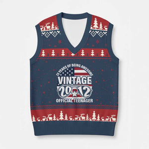 Funny 13th Birthday V-Neck Knit Sweater Vest Vintage 2012 Official Teenager 13 Years Of Being Awesome USA Flag Sunglasses TS11 Navy Red Print Your Wear
