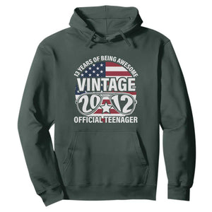 Funny 13th Birthday Hoodie Vintage 2012 Official Teenager 13 Years Of Being Awesome USA Flag Sunglasses TS11 Dark Forest Green Print Your Wear