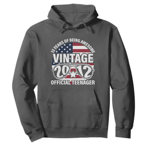 Funny 13th Birthday Hoodie Vintage 2012 Official Teenager 13 Years Of Being Awesome USA Flag Sunglasses TS11 Dark Heather Print Your Wear