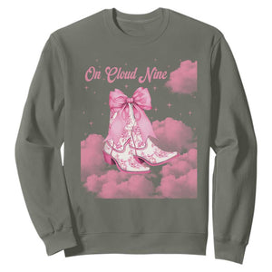 On Cloud Nine Sweatshirt 9th Birthday Bday Girl Pink Coquette Cowgirl Boots TS11 Military Green Print Your Wear