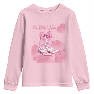 On Cloud Nine Youth Sweatshirt 9th Birthday Bday Girl Pink Coquette Cowgirl Boots TS11 Light Pink Print Your Wear