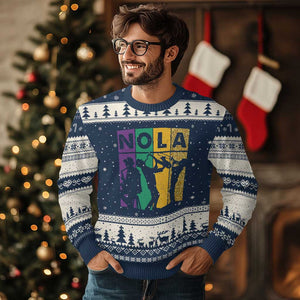 Mardi Gras NOLA New Orleans Carnival Jazz Music Glitter Print Ugly Christmas Sweater TS11 Navy Beige Print Your Wear