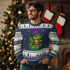 Let The Shenanigans Begin Mardi Gras 67 Meme Ugly Christmas Sweater Funny Alligator Mardigator Six Seven TS11 Navy Beige Print Your Wear