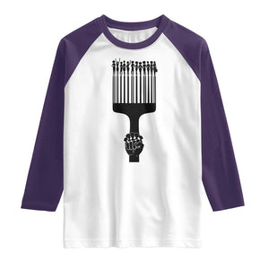 Afro Pick Comb Strong Black Power Fist Raglan Shirt TS11 White Purple Print Your Wear