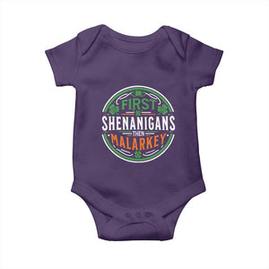 Funny First Shenanigans Then Malarkey Baby Onesie Irish Shamrock St Patrick's Day TS11 Purple Print Your Wear