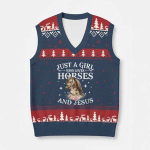 Just A Girl Who Loves Horses And Jesus V-Neck Knit Sweater Vest Christian Girls Horse TS11 Navy Red Print Your Wear