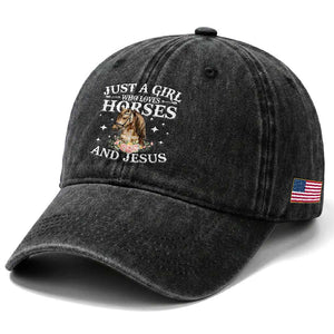 Just A Girl Who Loves Horses And Jesus Washed Cotton Baseball Cap Christian Girls Horse TS11 Print Your Wear