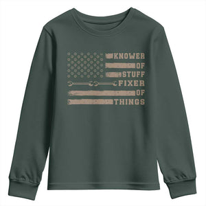 Knower Of Stuff Fixer Of Things Youth Sweatshirt Funny Handyman Dad Husband Vintage American Flag TS11 Dark Forest Green Print Your Wear