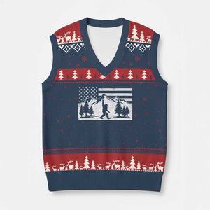 Patriotic Bigfoot American Flag in Forest V-Neck Knit Sweater Vest TS11 Navy Red Print Your Wear
