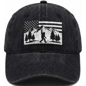 Patriotic Bigfoot American Flag in Forest Washed Cotton Baseball Cap TS11 Print Your Wear