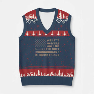 Thats What I Do I Fix Shit And I Know Things V-Neck Knit Sweater Vest Funny Mechanic American Flag TS11 Navy Red Print Your Wear