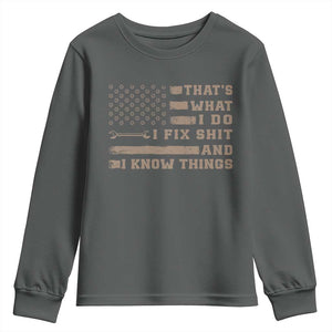 Thats What I Do I Fix Shit And I Know Things Youth Sweatshirt Funny Mechanic American Flag TS11 Dark Heather Print Your Wear