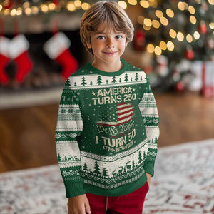 America Turns 250 I Turn 50 Ugly Christmas Sweater 50th Birthday 250th Anniversary USA 1776 1976 2026 TS11 Forest Green Beige Print Your Wear
