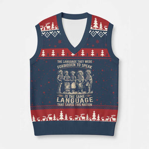 Native American Warrior V-Neck Knit Sweater Vest The Language They Were Forbidden To Speak Saved This Nation TS11 Navy Red Print Your Wear