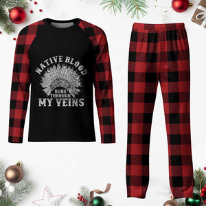 Native Blood Runs Through My Veins Plaid Pajama Set Native American War Bonnet