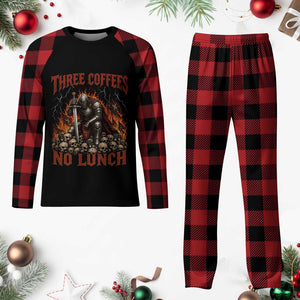 Three Coffees No Lunch Plaid Pajama Set Funny Medieval Knight Coffee Lover