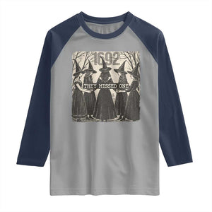 1692 They Missed One Raglan Shirt Halloween Feminist Witch Trials TS11 Sport Gray Navy Print Your Wear