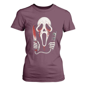 Funny Halloween Scary Face Ghost T Shirt For Women Horror Slasher Bloody Knife TS11 Maroon Print Your Wear