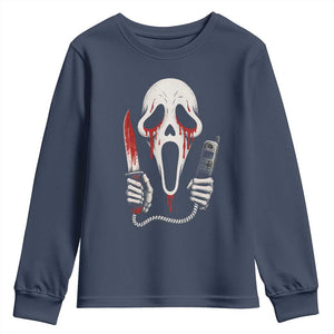 Funny Halloween Scary Face Ghost Youth Sweatshirt Horror Slasher Bloody Knife TS11 Navy Print Your Wear