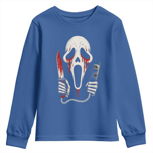 Funny Halloween Scary Face Ghost Youth Sweatshirt Horror Slasher Bloody Knife TS11 Royal Blue Print Your Wear