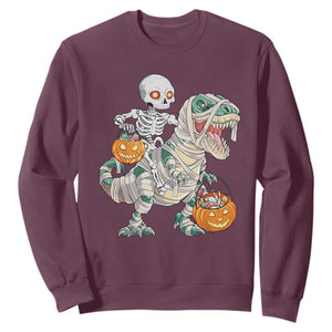 Funny Skeleton Riding Mummy Dinosaur Halloween Sweatshirt TS11 Maroon Print Your Wear